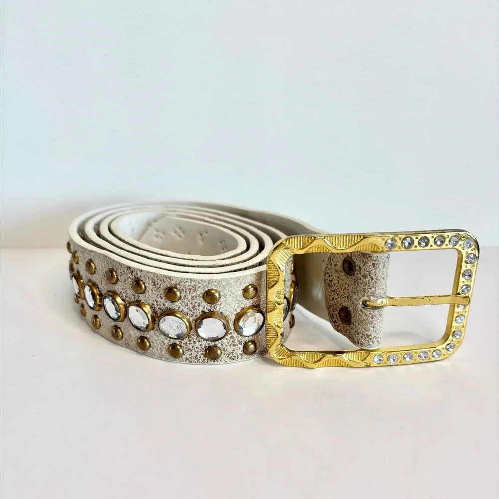 Vintage White and Gold Belt Studded and Crystals with Gold Buckle